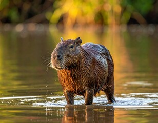 A capybara stands in shallow water, its fur wet in the golden evening light