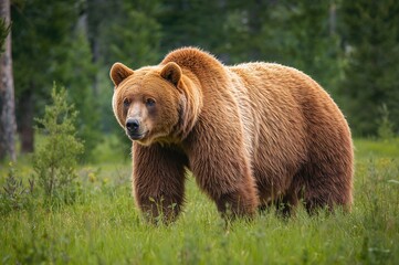 Fototapeta premium Summer portrait of a grizzly bear in a natural forest setting with green trees and grass