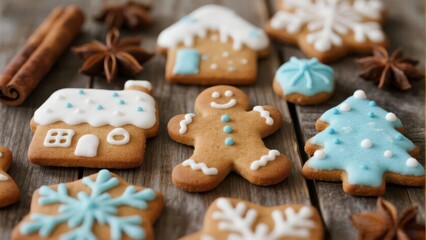 Festive Christmas cookies with holiday shapes on a rustic wooden table