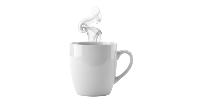 White mug with hot drink and steam on transparent background