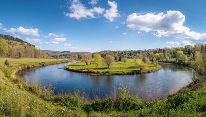 Fototapeta premium Springtime Along the Tanew River in a Forested Region