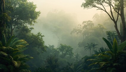 Fog-covered rainforest with tropical foliage background