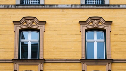 Obraz premium Facade of a bright yellow brick structure featuring symmetrical vintage windows and decorative stucco.