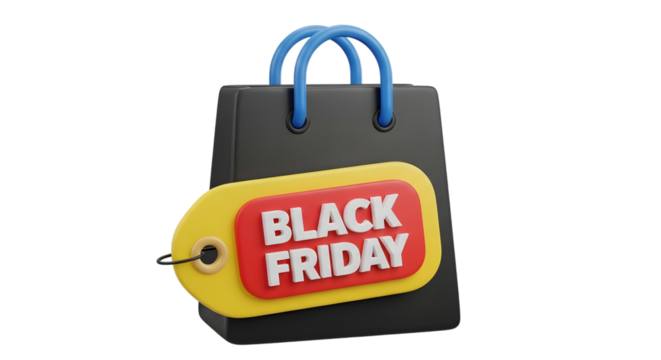 Black friday shopping bag with a red and yellow tag, isolated on transparent background