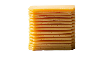 Stack of sliced, cheddar-like cheese with a shadow against a white backdrop