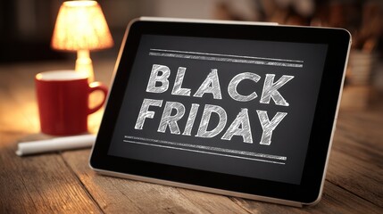 Tablet displaying black friday message on a wooden desk with coffee cup