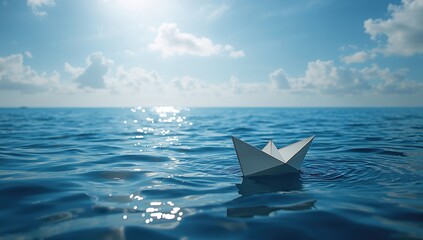 Fototapeta premium Sailing the world's seas on a paper vessel. The idea of belief or spirituality.