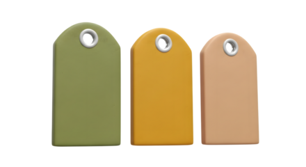 Three blank price tags in different colors, isolated on transparent background