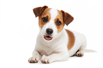 Cute Small Terrier Tilting Head While Sitting and Looking at Camera on White Background