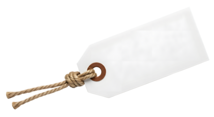 Blank white paper tag with rough rope string tied through a metal grommet, isolated on transparent background