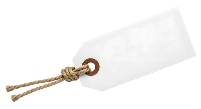 Blank white paper tag with rough rope string tied through a metal grommet, isolated on transparent background
