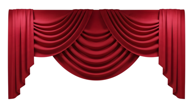 Elegant red velvet draped swag valance curtain isolated on transparent background, luxurious fabric window treatment for stage or home decor