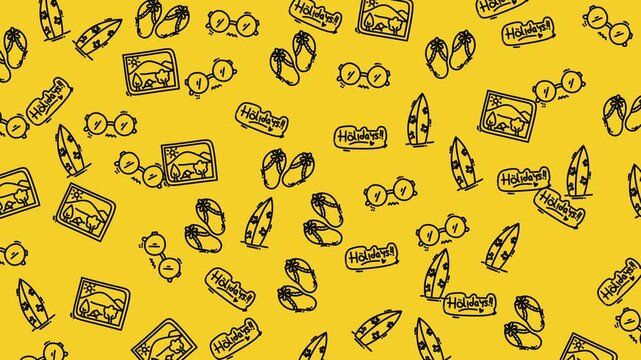 Sumer holiday this yellow image shows doodles of sunglasses, surfboards, photos, and flip-flops, representing summer holiday fun animation.