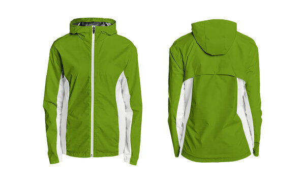 Vibrant green athletic jacket, front and back views