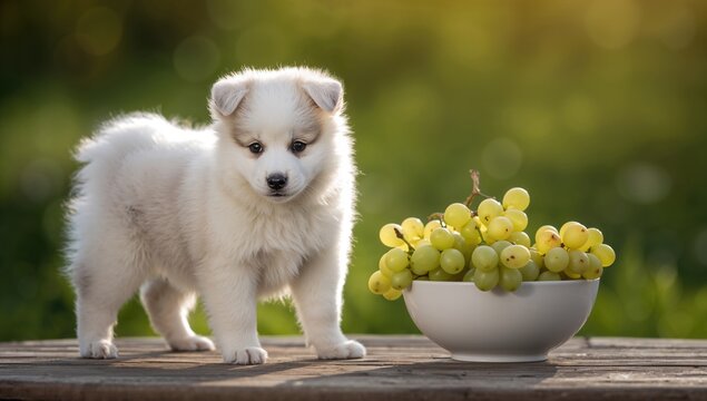 Tiny fluffy wolfspitz pup positioned on a table alongside green grapes