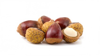 Ripe horse chestnut seeds covered by their husks on a plain white backdrop