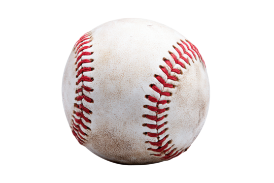 Close up of a worn white baseball with red stitching on a black background sport game 1, Isolated On Transparent Background, Png Cut Out - Powered by Adobe