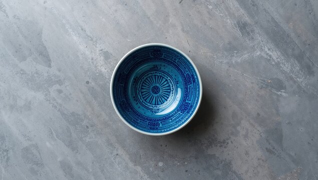 Handmade blue ceramic bowl placed on a gray stone surface with empty space, top view