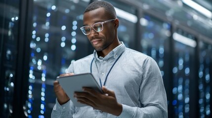 An African American engineer reviews important data on his tablet while standing in a sleek data center filled with illuminated server racks. It is a busy yet organized atmosphere