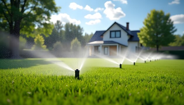 Automated lawn sprinkler system watering the lush green grass in front of a beautiful house on a sunny day, promoting healthy growth