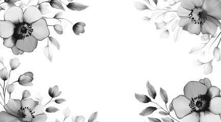 Monochromatic floral frame with grey and white blooms and leaves