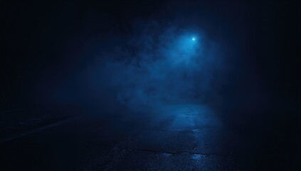 Empty dark street with wet asphalt under a spotlight, surrounded by smoke and fog