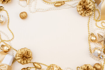 Luxury Christmas and New Year background with gifts, golden ribbons and ornaments. Elegant minimal composition with copy space.