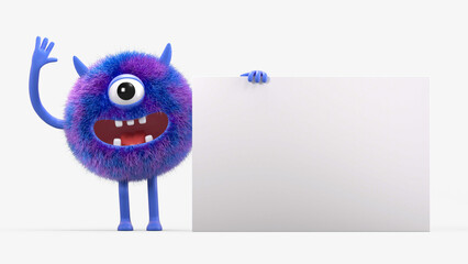 Fluffy, cute monster holds a blank sign, symbolizes information and advertising display. 3D rendering, conceptual image. Isolated on white background.