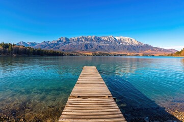 Obraz premium Wide-angle scene of a wooden dock extending into a serene lake with hills in the distance