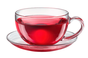 Clear glass cup filled with bright red liquid on a matching saucer drink beverage, Isolated On Transparent Background, Png Cut Out