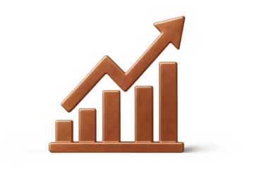 Bronze bar chart icon with an ascending arrow symbolizing business growth, increasing profits, market success, and investment returns