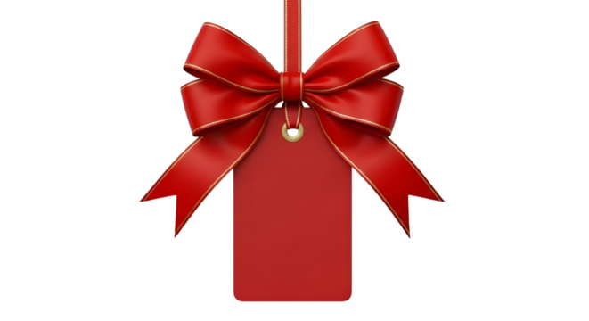 A vibrant red ribbon bow tied to a blank red gift tag, isolated on a transparent background, perfect for holiday or special occasion promotions