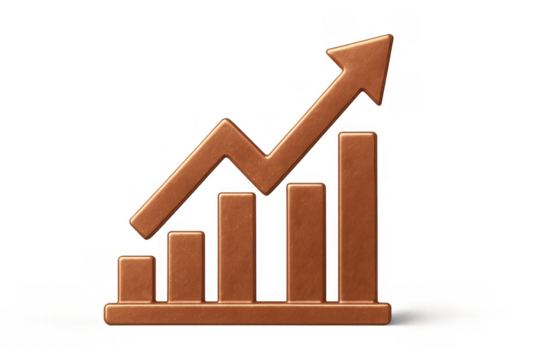 Bronze bar chart icon with an ascending arrow symbolizing business growth, increasing profits, market success, and investment returns