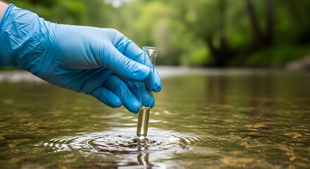 Gloved hand carefully collects a water sample from a natural stream, signifying environmental monitoring efforts for aquatic health and water quality analysis