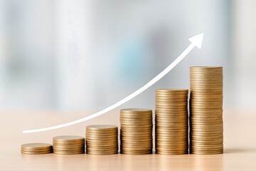 Stacked Coins Representing Financial Growth with an Upward Arrow in a Minimalist Setting with Shallow Depth Of Field Indicating Business Success