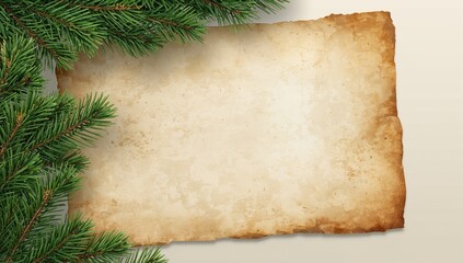 Vintage parchment sheet with blank area on fir tree branch backdrop isolated