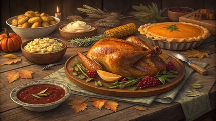 Abundant thanksgiving feast roast turkey mashed potatoes pumpkin pie and more