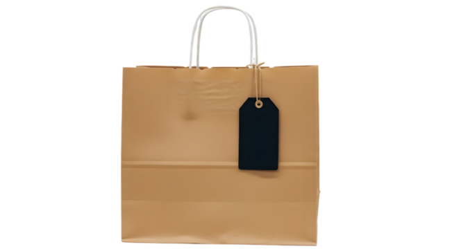 A brown paper shopping bag with a black tag hanging from its handle, isolated on a transparent background