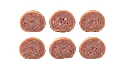 Six slices of processed meat arranged in two rows of three