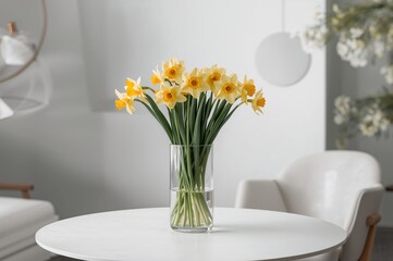 Ornate home decor featuring a bouquet of spring blossoms with a plain white backdrop