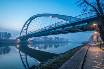 Obraz premium Futuristic bridge crossing a calm river in evening light