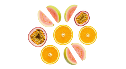 Sliced oranges passion fruits and guavas arranged on black