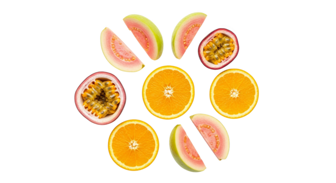 Sliced oranges passion fruits and guavas arranged on black