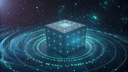 Glowing data cube surrounded by particle effect in space