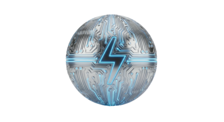 Futuristic digital sphere with glowing electric lightning symbol power