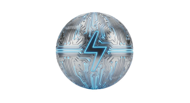 Futuristic digital sphere with glowing electric lightning symbol power