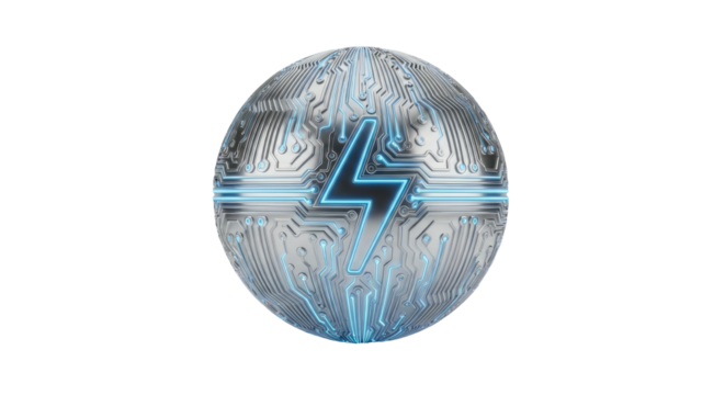Futuristic digital sphere with glowing electric lightning symbol power - Powered by Adobe