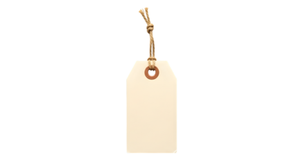 A blank, creamcolored paper tag with a rough twine string attached, isolated on a transparent background