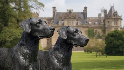 Sculpture of hunting dogs by Auguste Cain from 1880 displayed near a grand estate