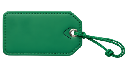 A plain green leather luggage tag with a green string tie, isolated on transparent background